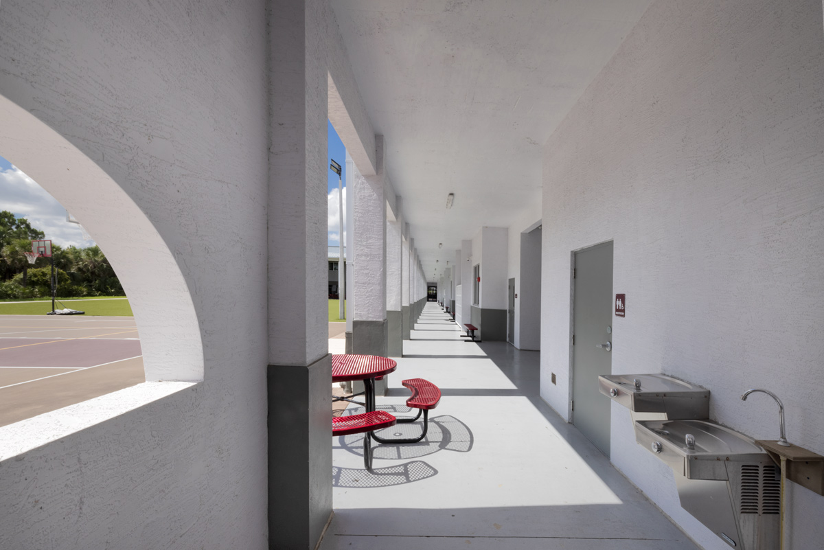 Architectural view of the courtyard at the Somerset Collegiate Preparatory Academy chater hs in Port St Lucie, FL.